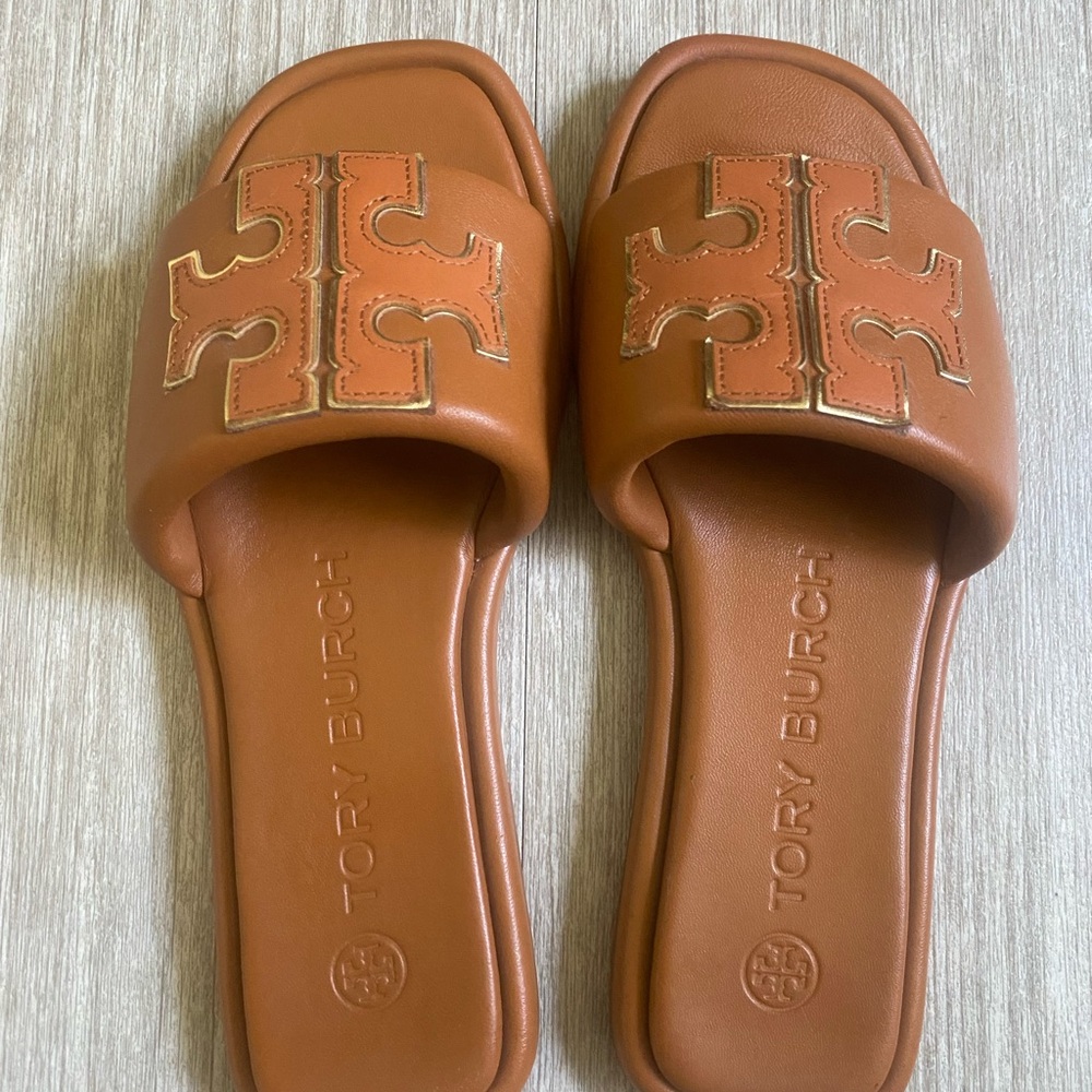 Tory Burch Double T Tan Slide Sandals